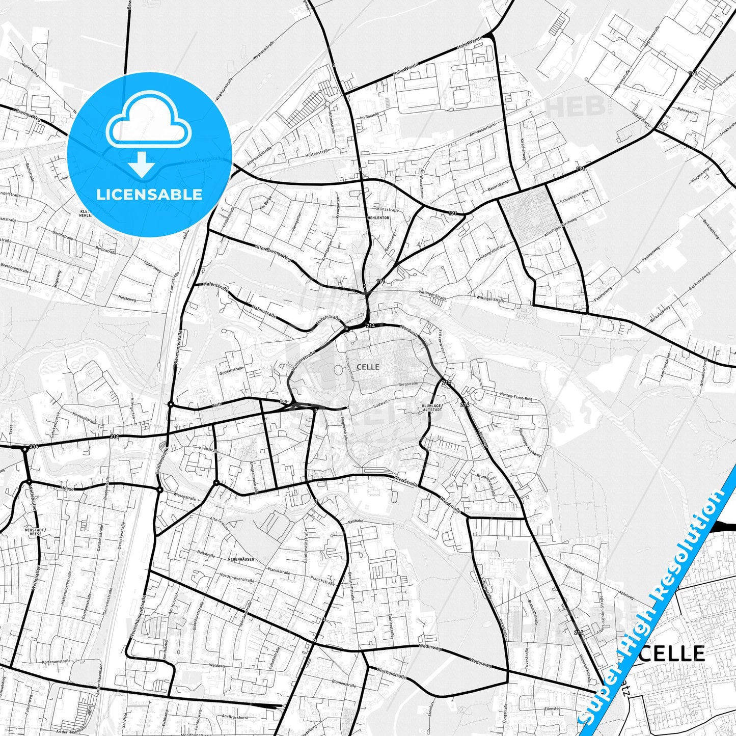 Celle, Germany Light Map with Street Names, City Names, and Districts