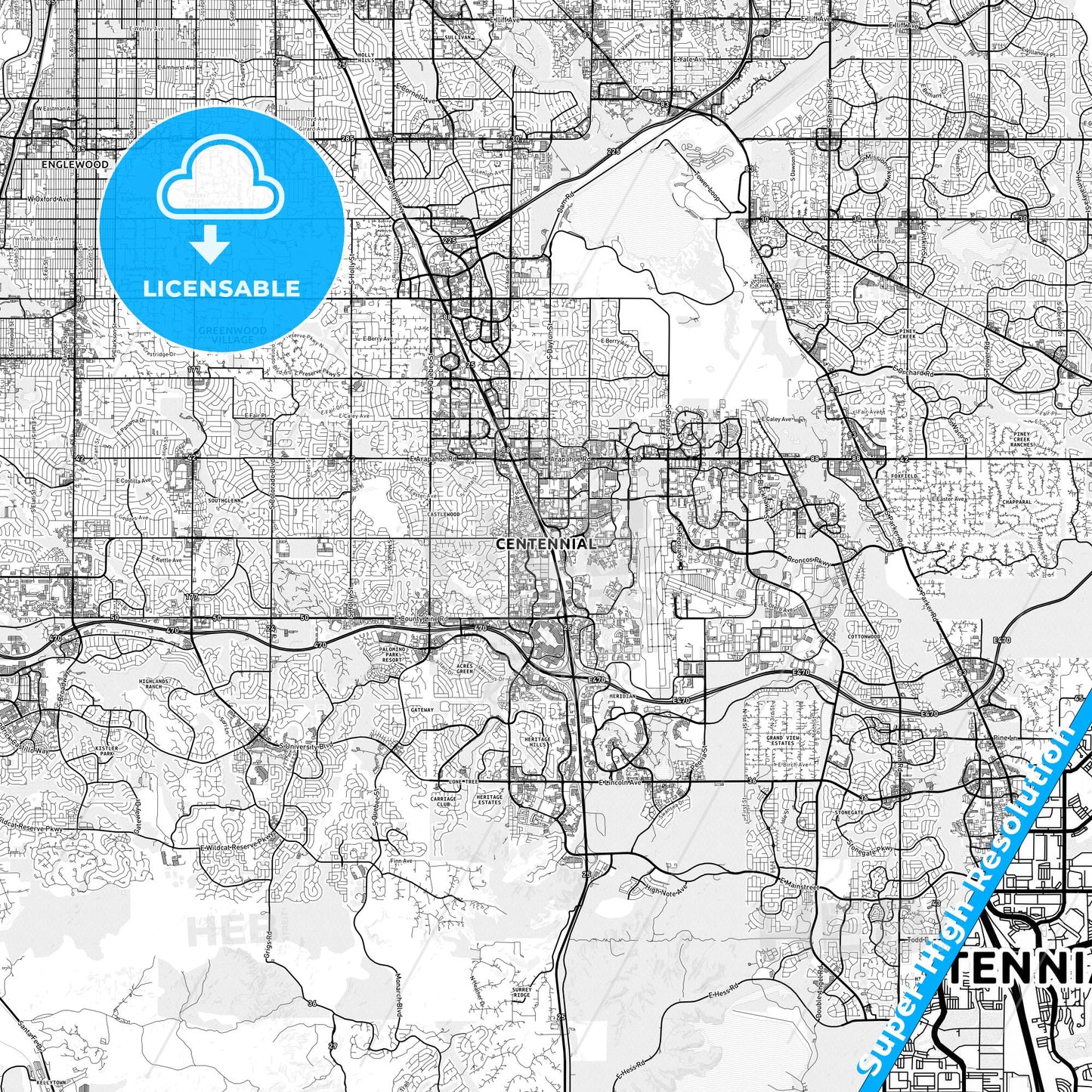 Centennial, Colorado light map with streetnames, citynames and districts