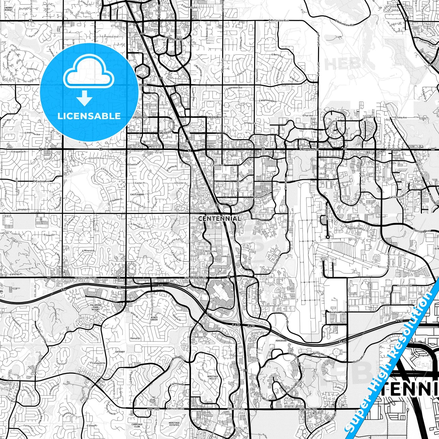 Centennial, Colorado Light Map with Street Names, City Names, and Districts