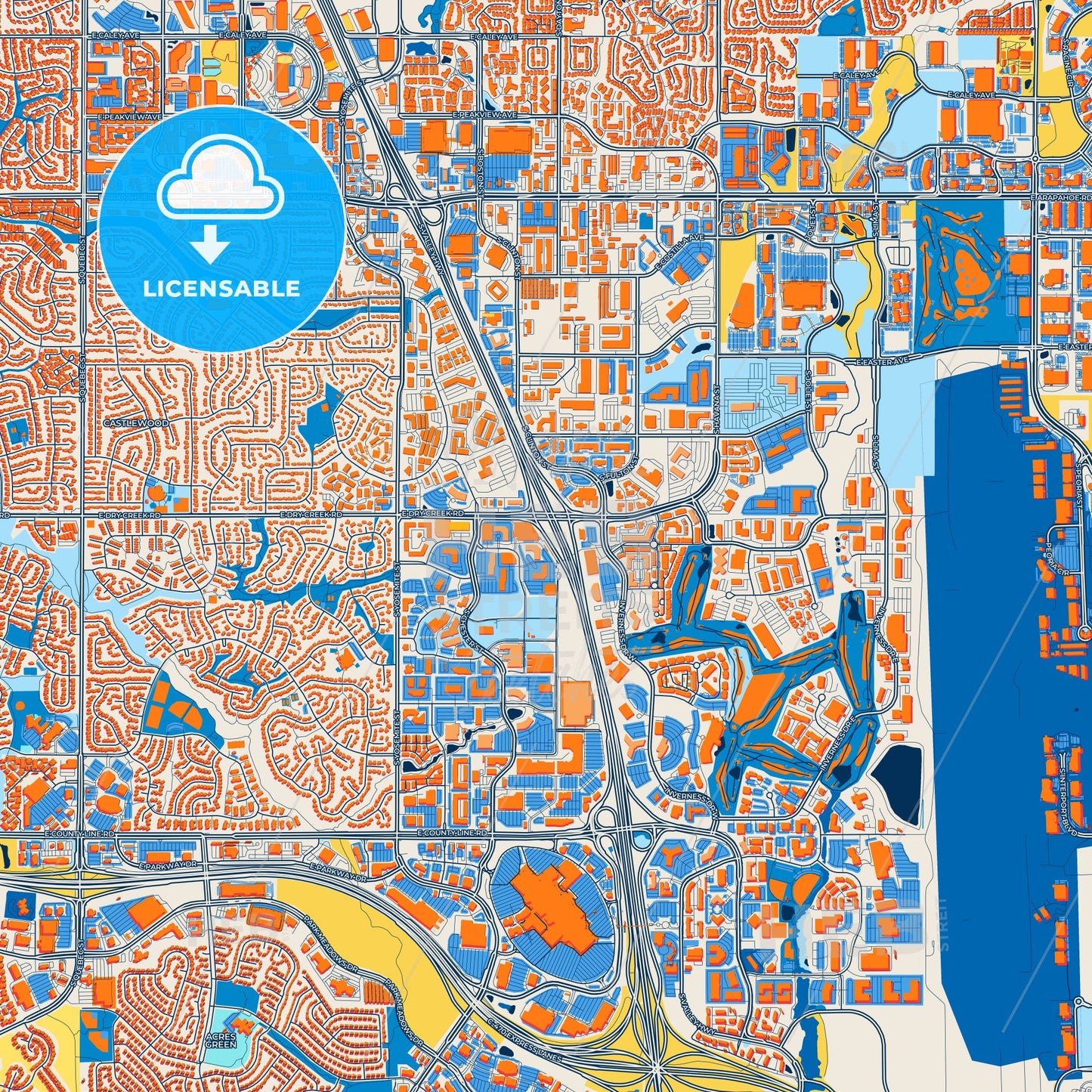 Colorful Centennial Street Map with Labels and Buildings