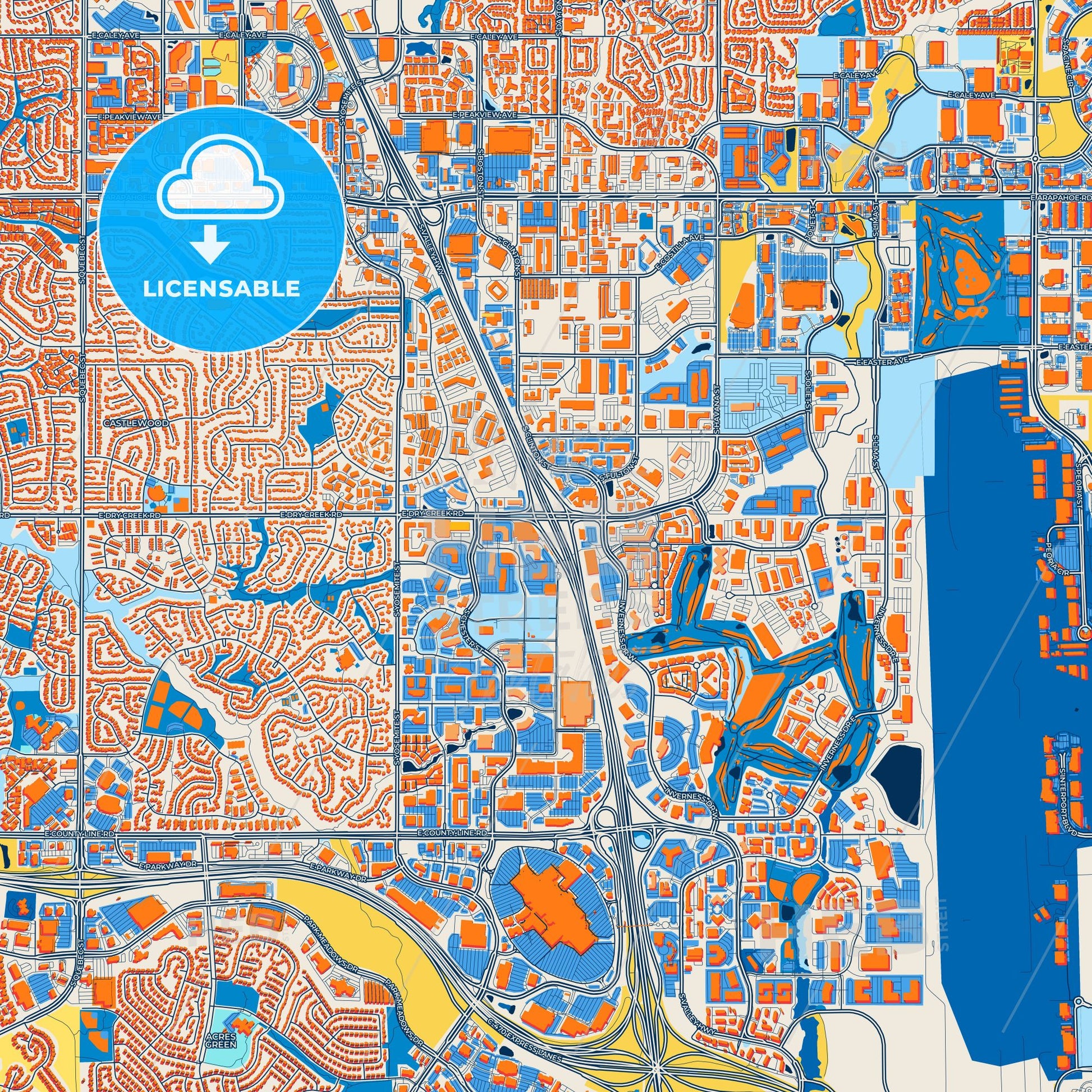 Colorful Centennial Street Map with Labels and Buildings