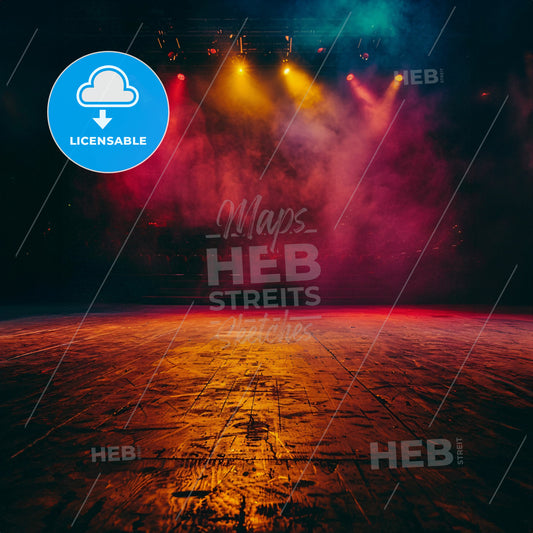 Center Stage Set Up With Yellow Pink Lights Zoomed I - A Stage With Lights And Smoke