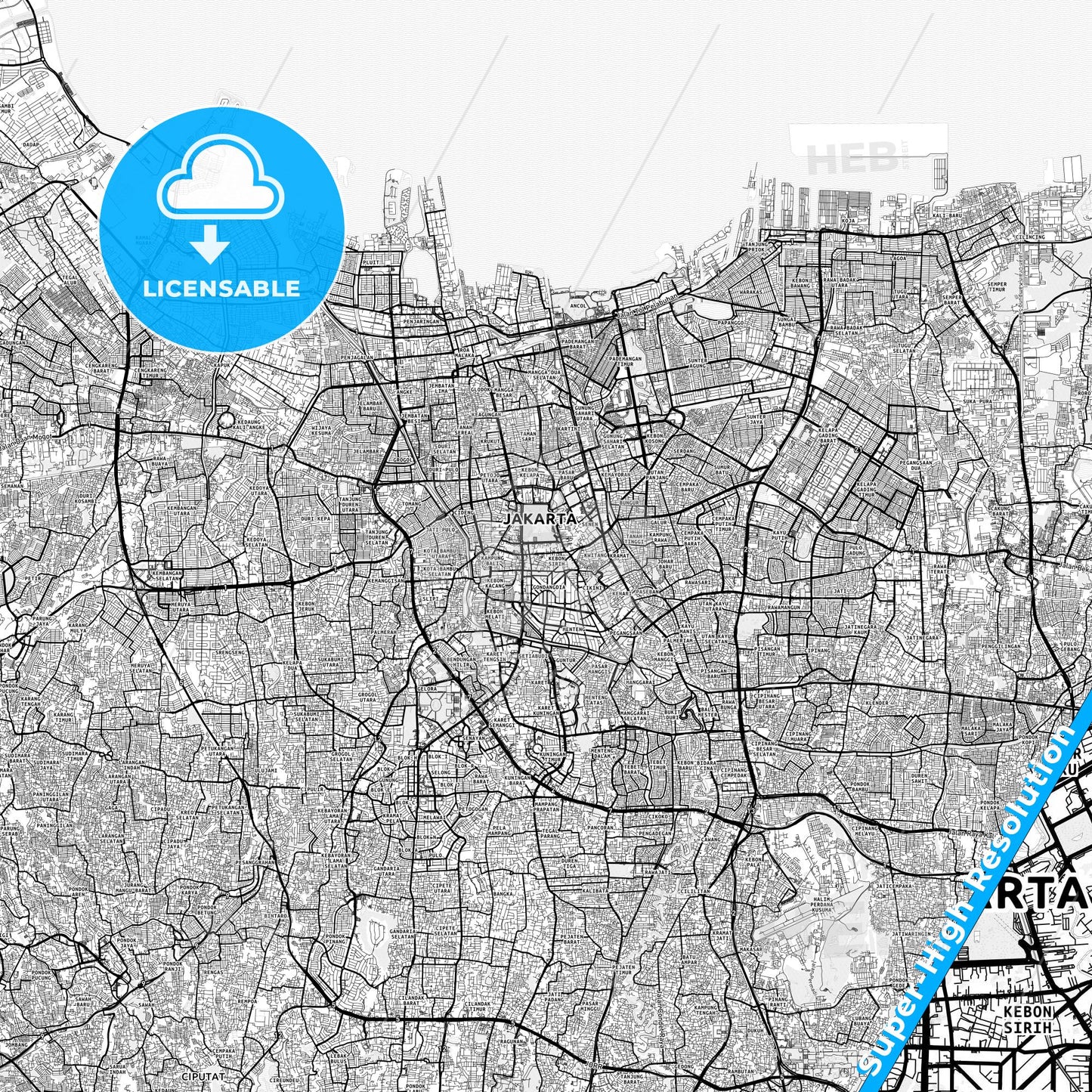 Central Jakarta, Indonesia light map with streetnames, citynames and districts