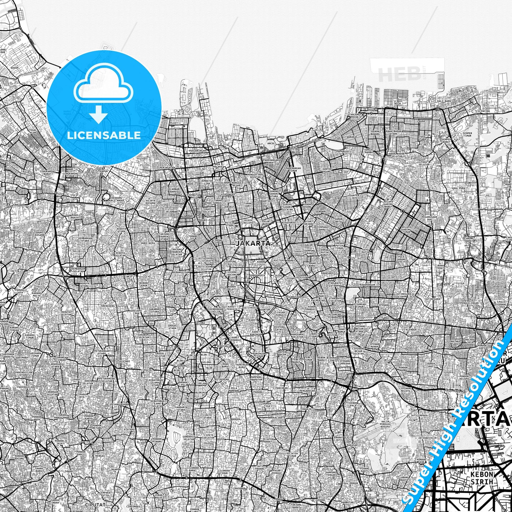 Central Jakarta, Indonesia light map with streetnames, citynames and districts