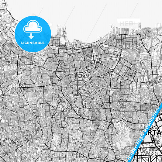 Central Jakarta, Indonesia light map with streetnames, citynames and districts