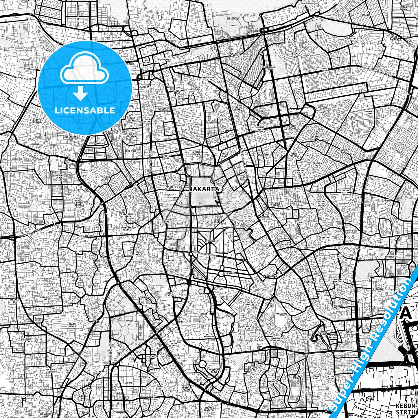 Central Jakarta, Indonesia Light Map with Street Names, City Names, and Districts