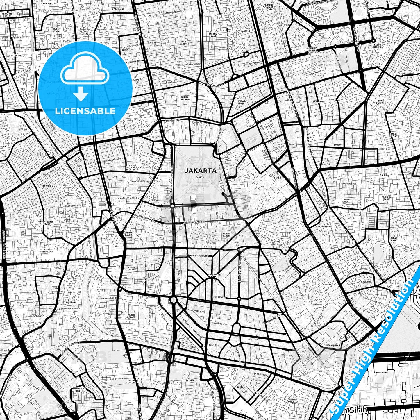 Central Jakarta, Indonesia Light Map with Street Names, City Names, and Districts
