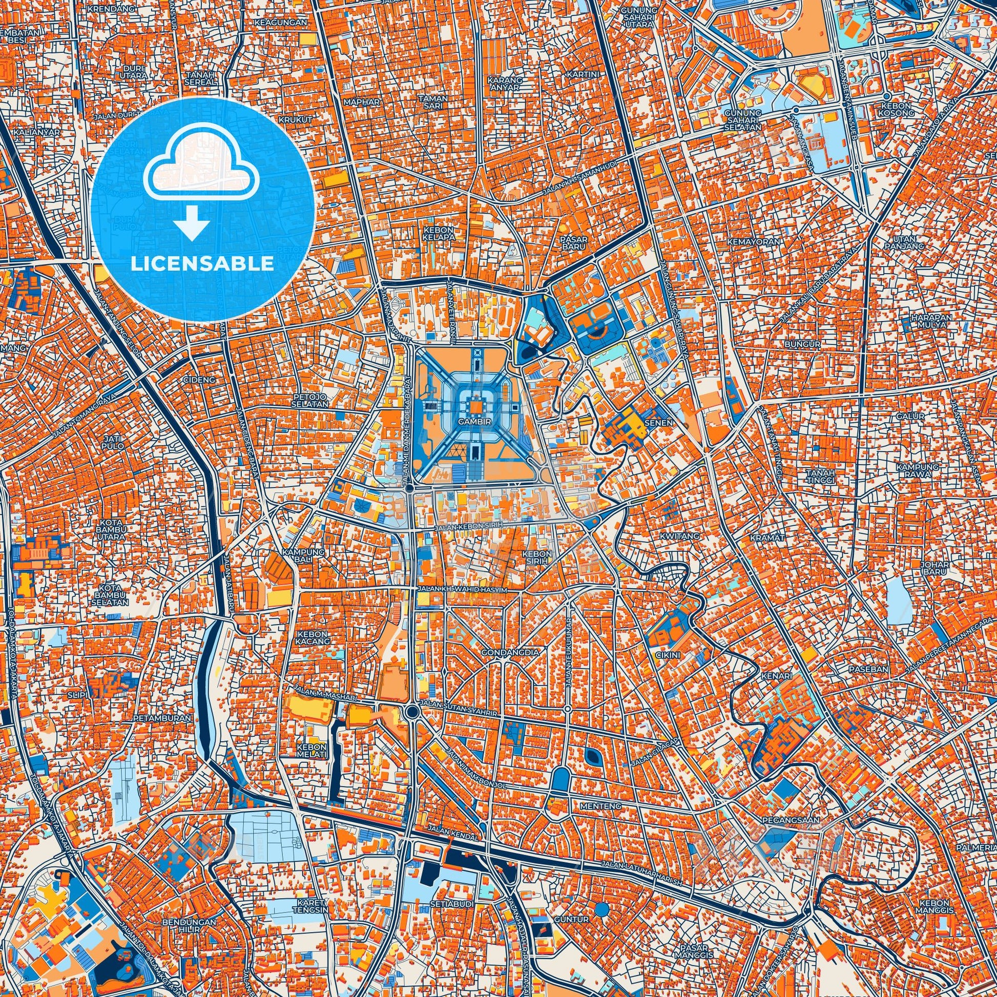 Colorful Central Jakarta Street Map with Labels and Buildings