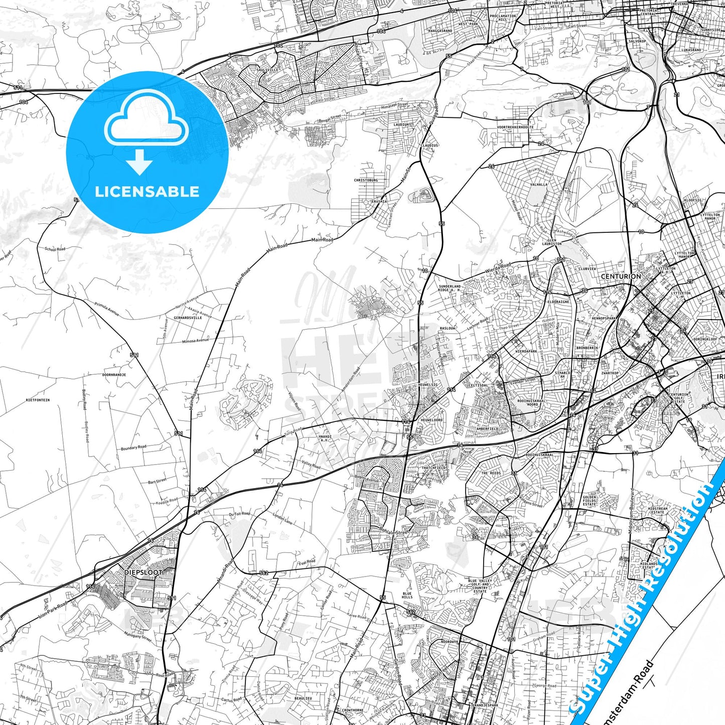 Centurion, South Africa light map with streetnames, citynames and districts