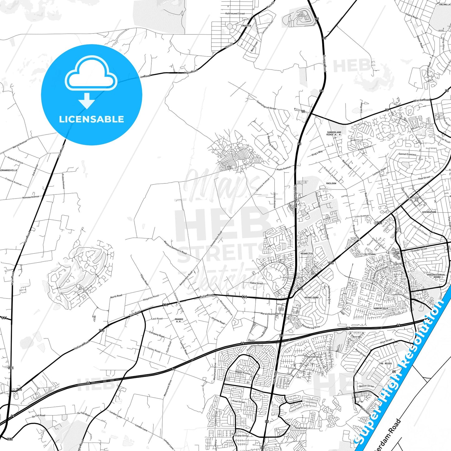 Centurion, South Africa Light Map with Street Names, City Names, and Districts