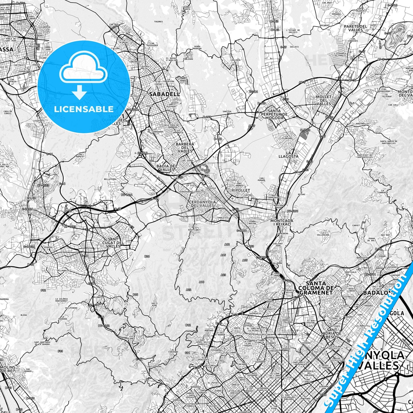Cerdanyola del Vallès, Spain light map with streetnames, citynames and districts