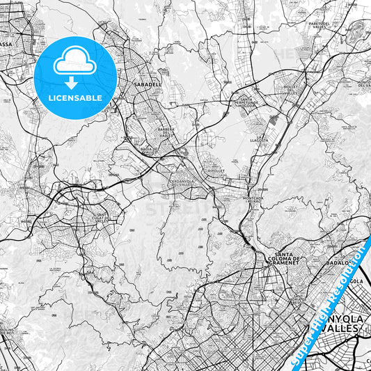 Cerdanyola del Vallès, Spain light map with streetnames, citynames and districts