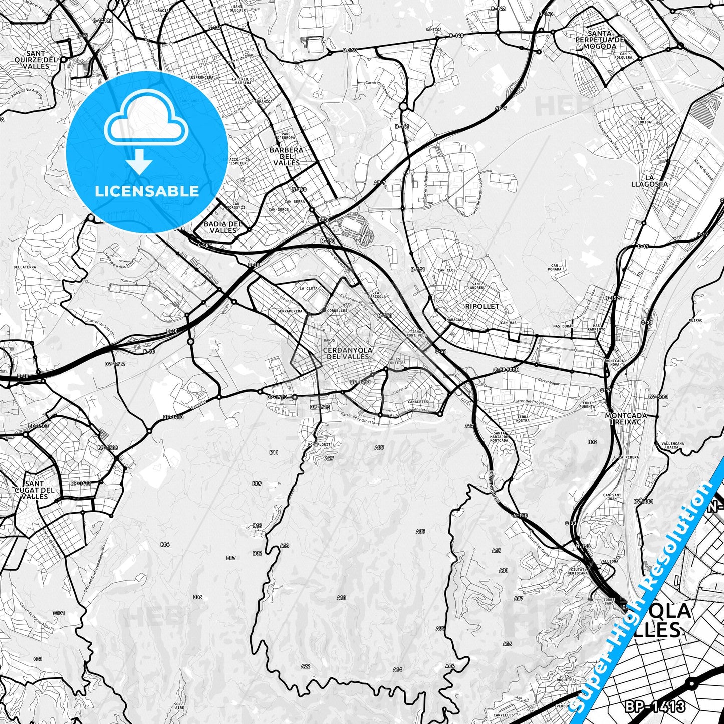 Cerdanyola del Vallès, Spain Light Map with Street Names, City Names, and Districts