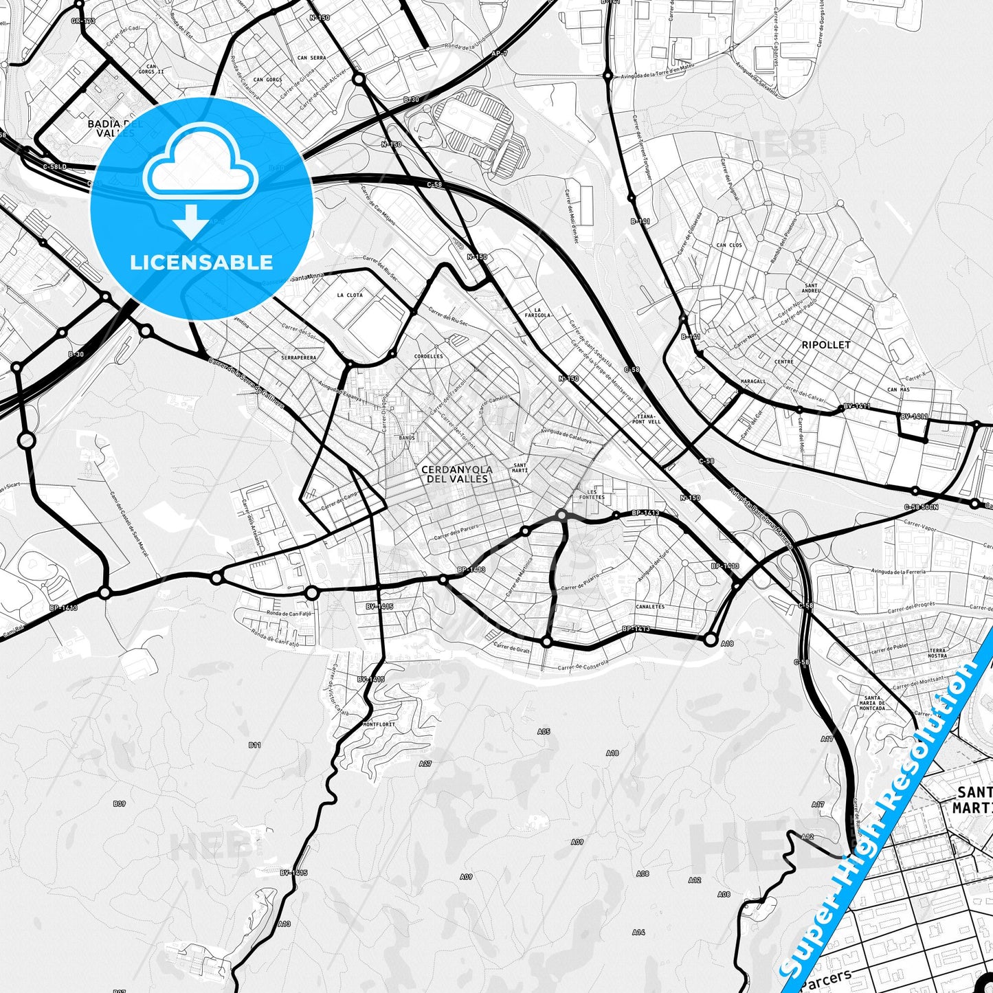 Cerdanyola del Vallès, Spain Light Map with Street Names, City Names, and Districts