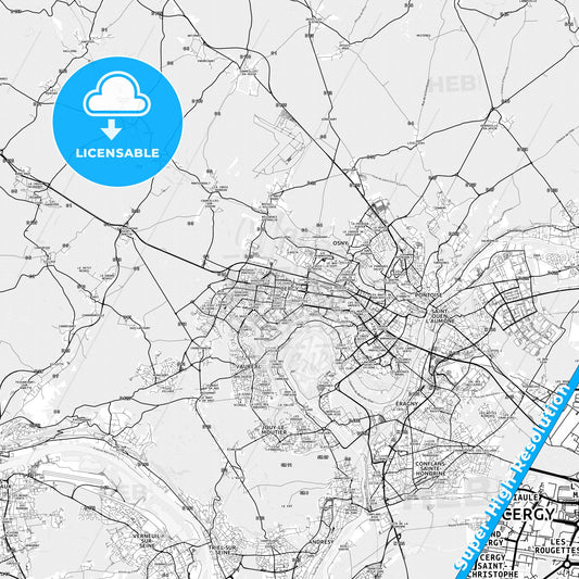 Cergy, France light map with streetnames, citynames and districts