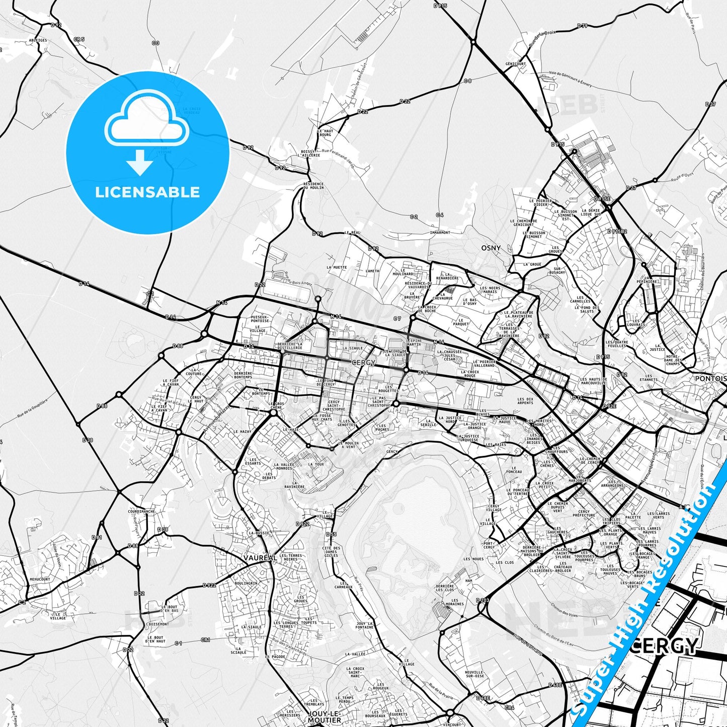 Cergy, France Light Map with Street Names, City Names, and Districts