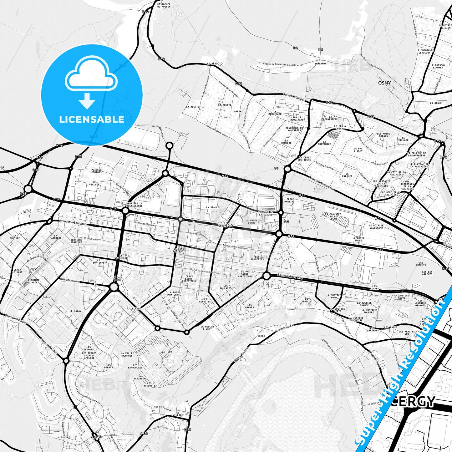 Cergy, France Light Map with Street Names, City Names, and Districts
