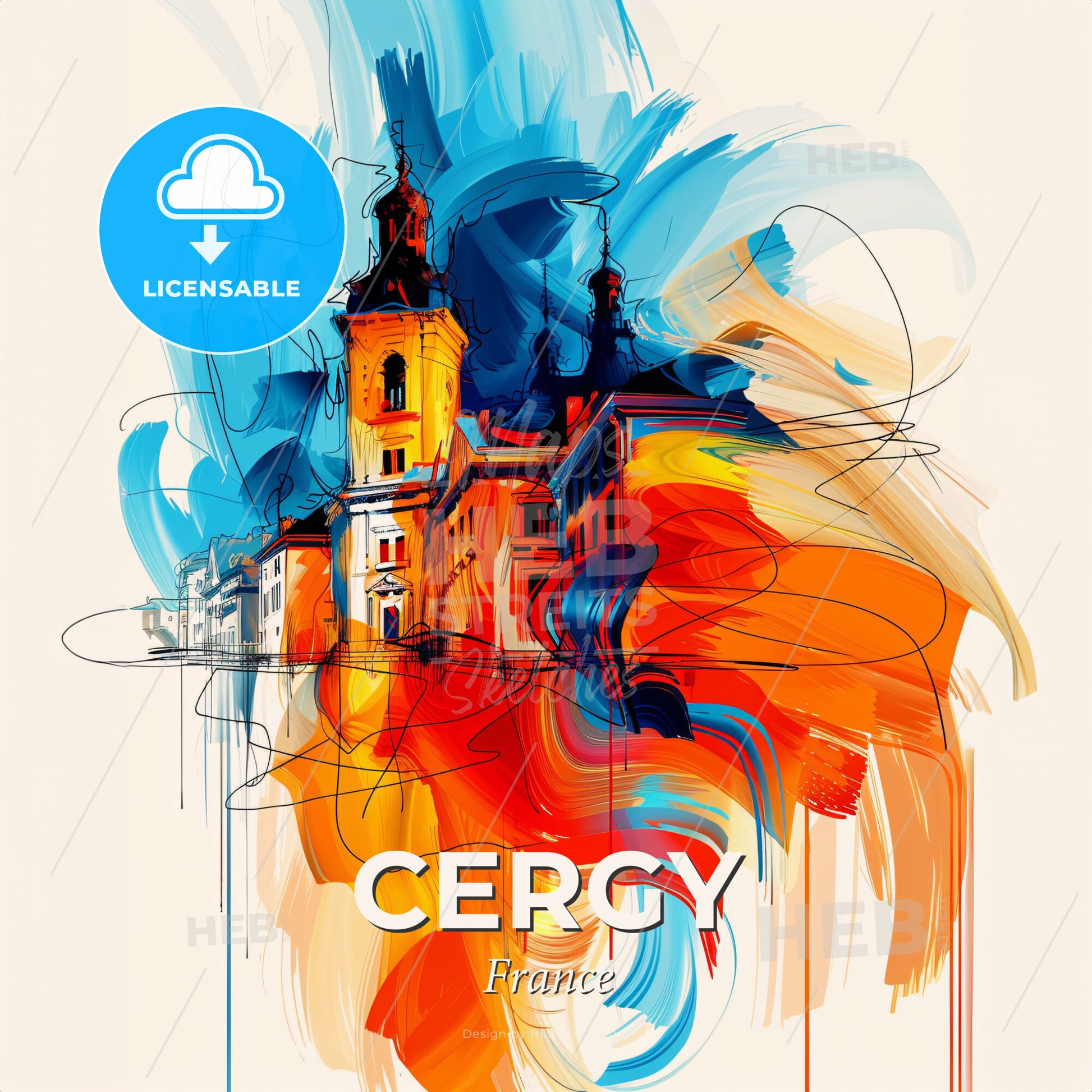 Vibrant Cergy, France - A Painting Of A Building With A Tower And A Colorful Background - Square format print template