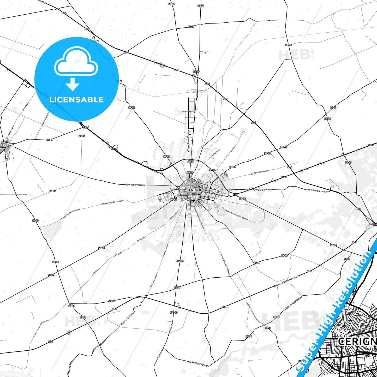 Cerignola, Italy light map with streetnames, citynames and districts