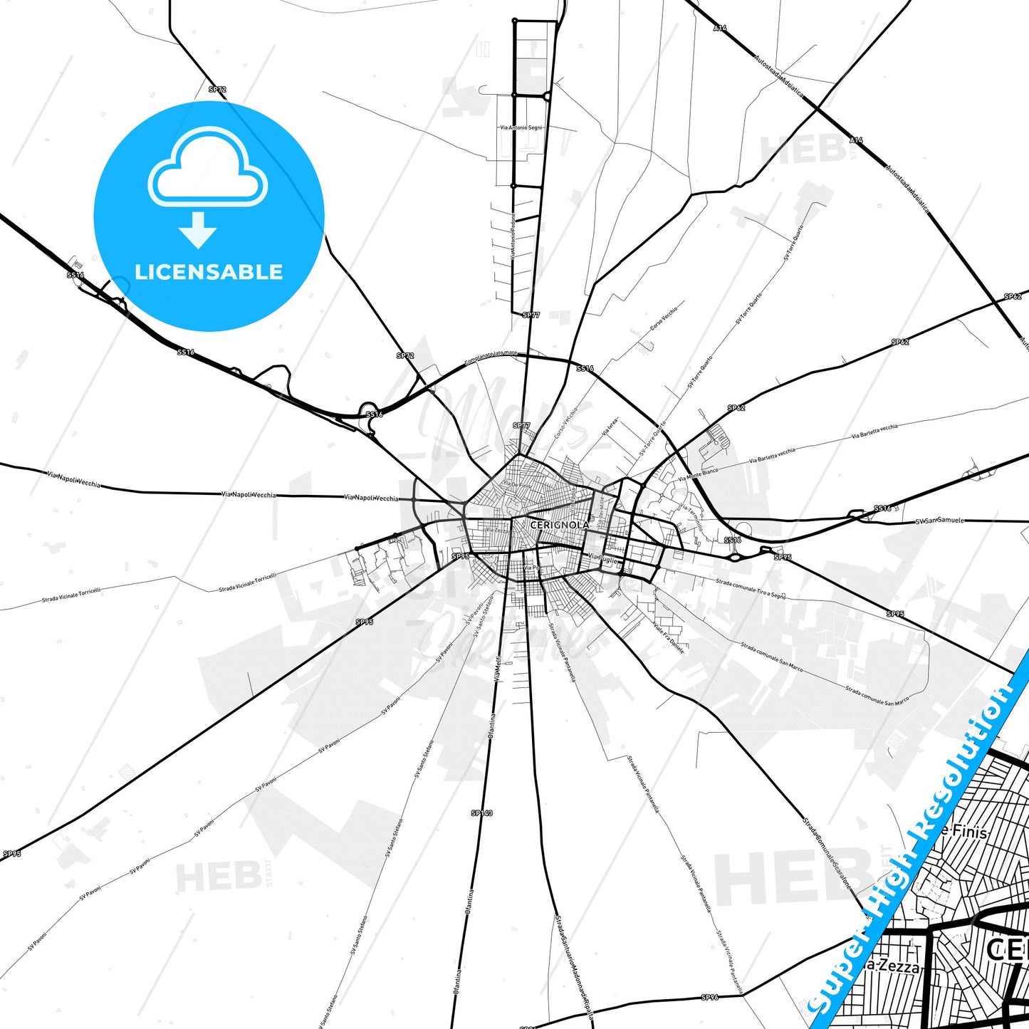Cerignola, Italy Light Map with Street Names, City Names, and Districts