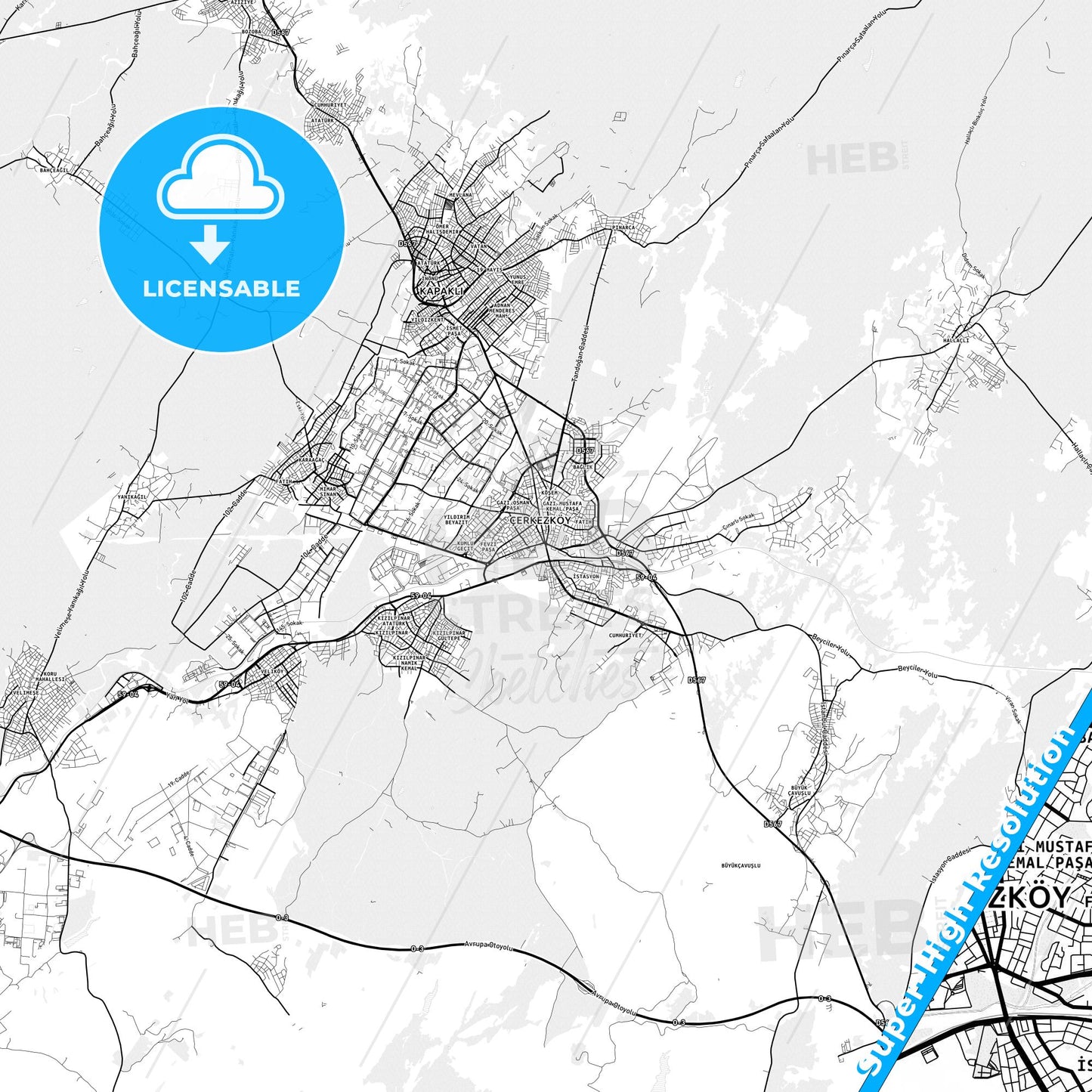 Çerkezköy, Turkey light map with streetnames, citynames and districts