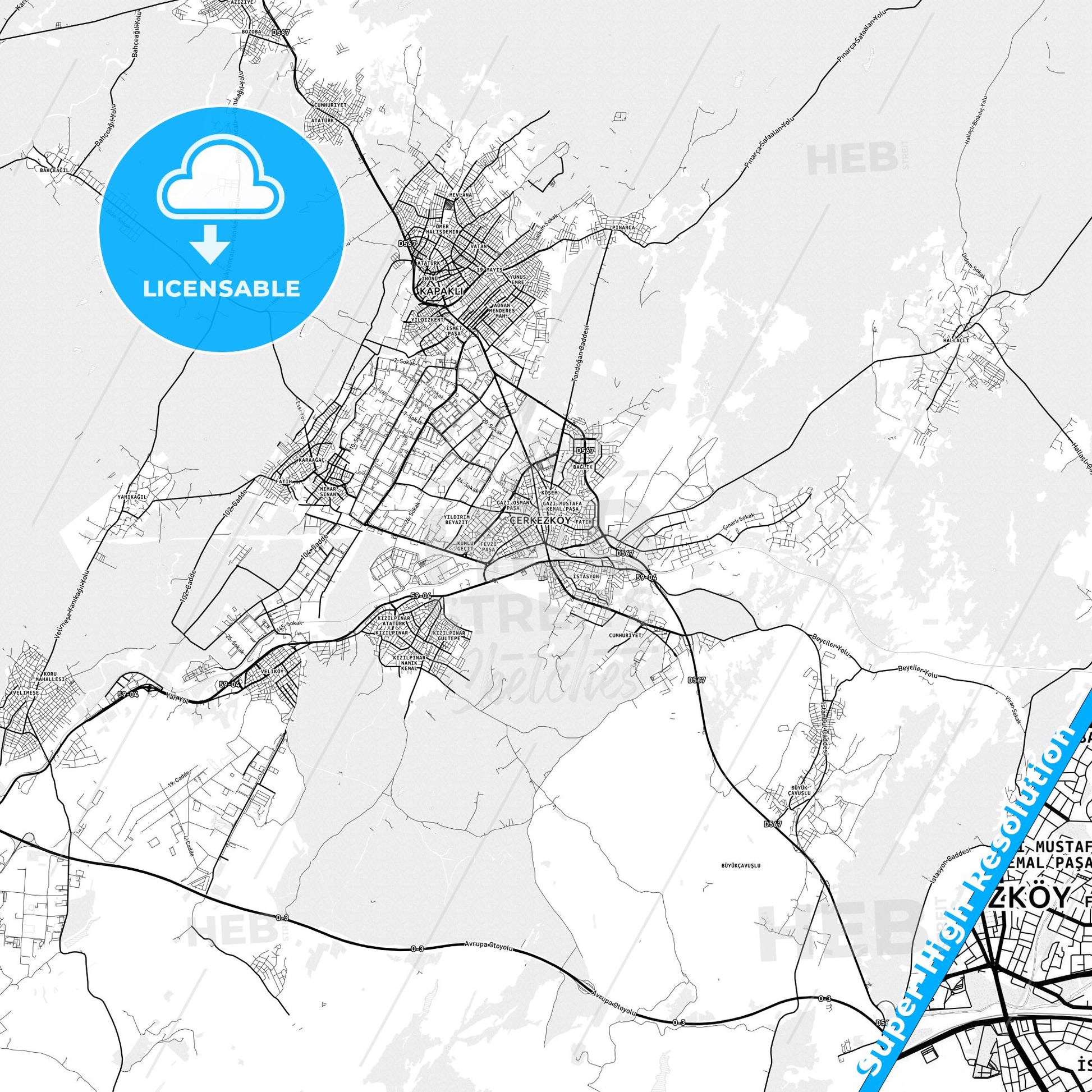 Çerkezköy, Turkey light map with streetnames, citynames and districts