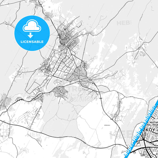 Çerkezköy, Turkey light map with streetnames, citynames and districts
