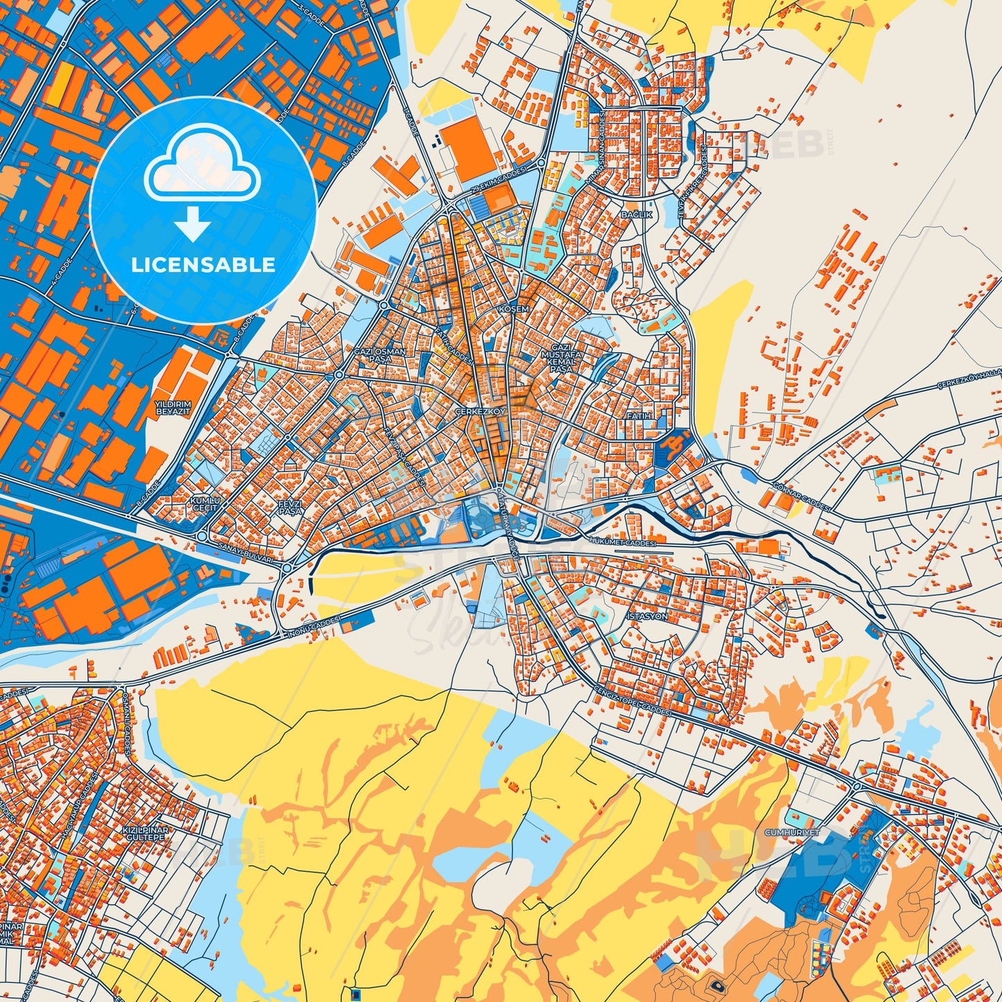 Colorful Çerkezköy Street Map with Labels and Buildings