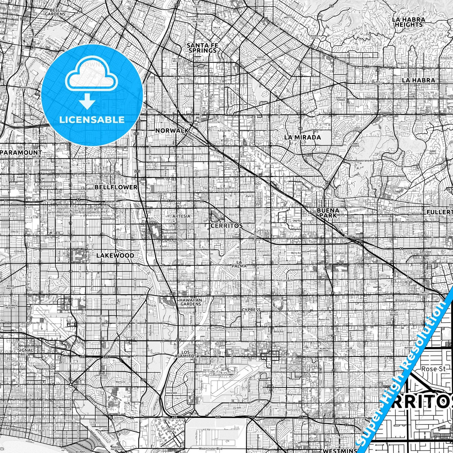 Cerritos, California light map with streetnames, citynames and districts