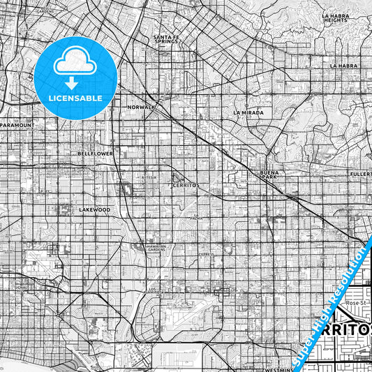Cerritos, California light map with streetnames, citynames and districts