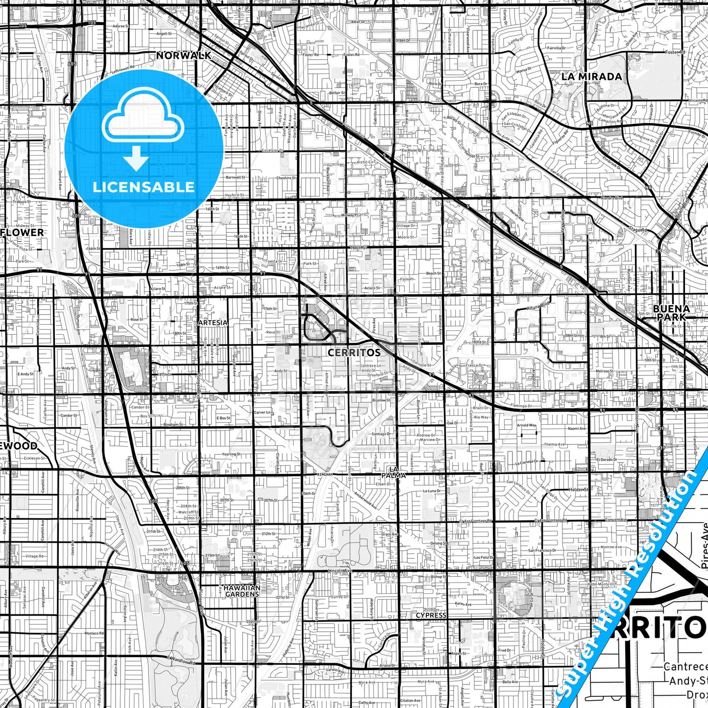Cerritos, California Light Map with Street Names, City Names, and Districts