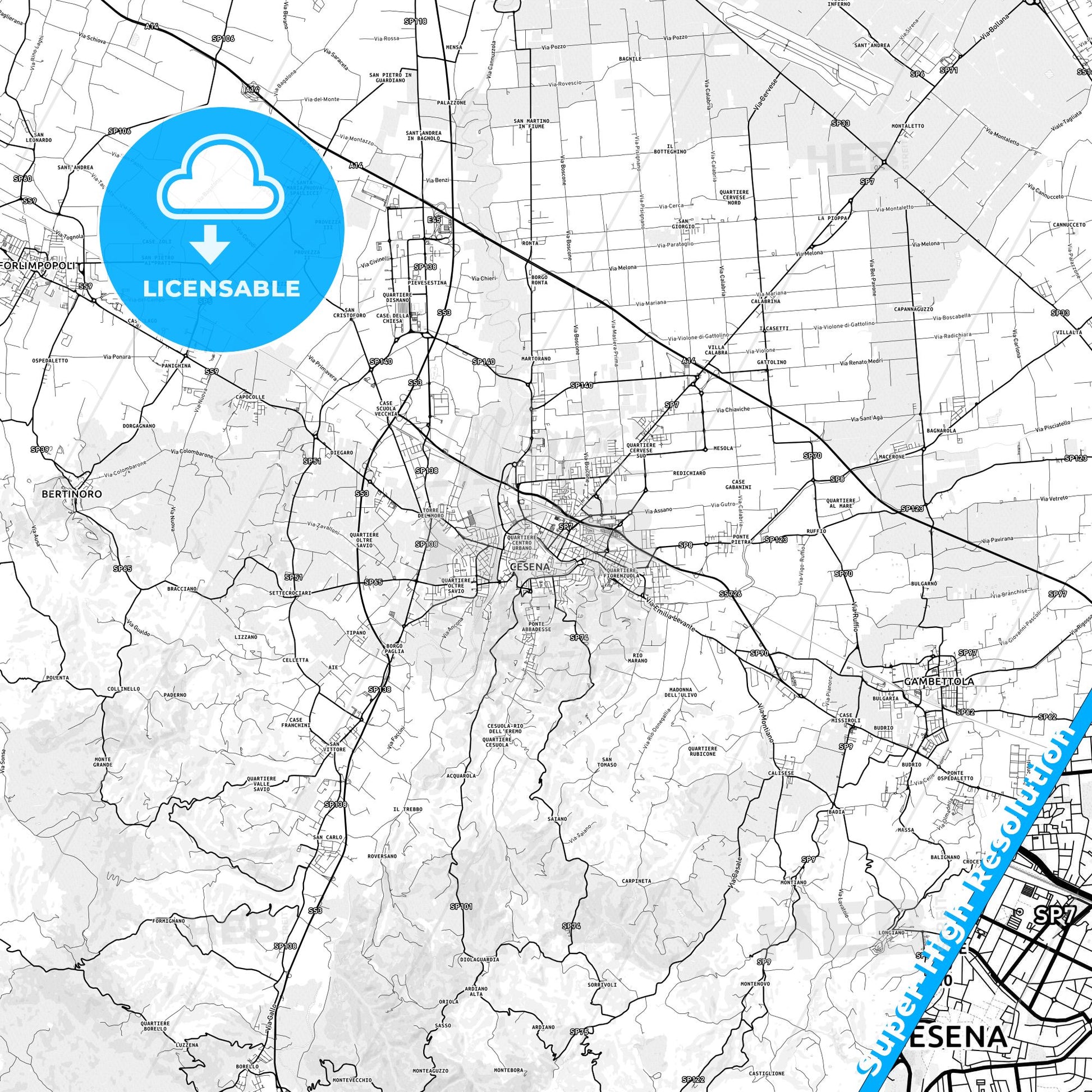 Cesena, Italy light map with streetnames, citynames and districts