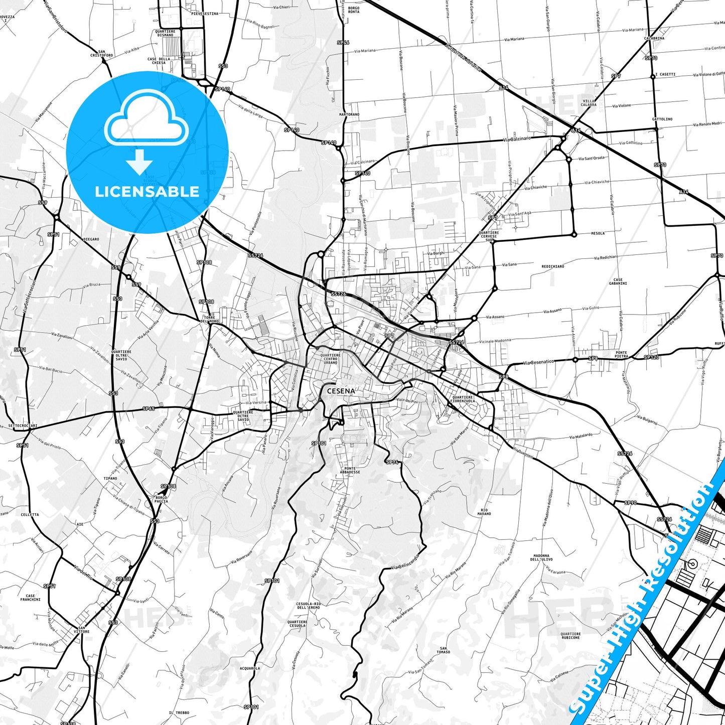 Cesena, Italy Light Map with Street Names, City Names, and Districts