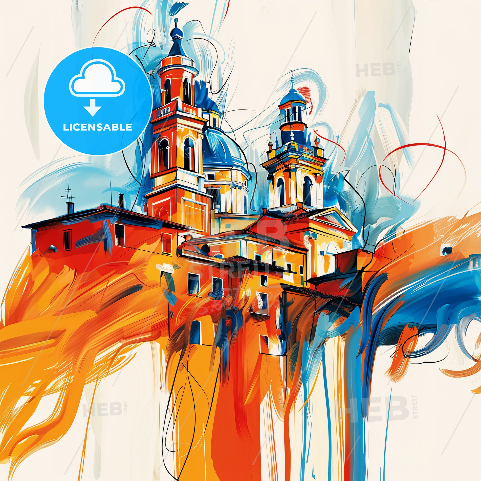 Vibrant Cesena, Italy - A Painting Of A Building With Towers And A Blue And Orange Background