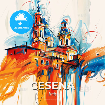 Vibrant Cesena, Italy - A Painting Of A Building With Towers And A Blue And Orange Background - Square format print template
