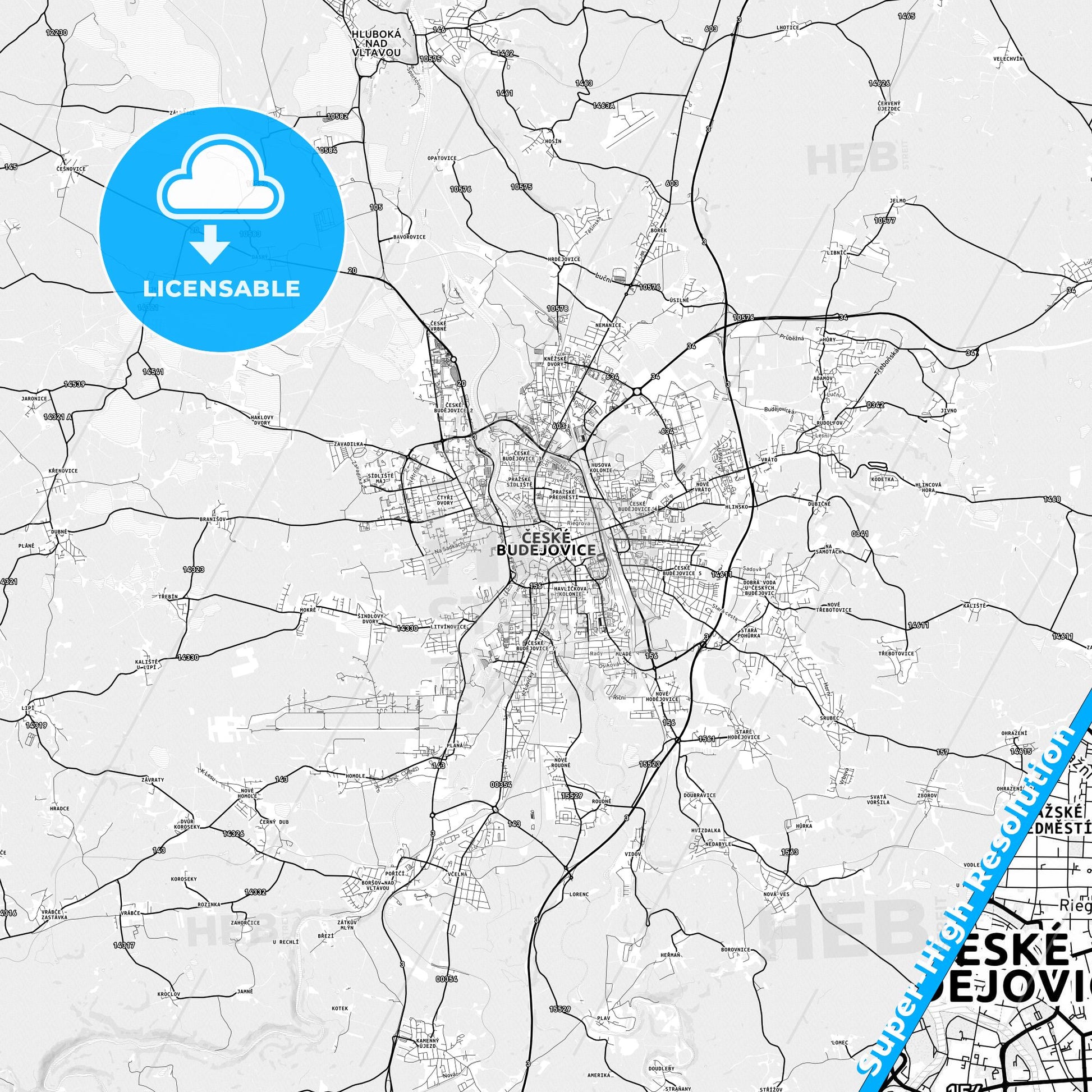 České Budějovice, Czechia light map with streetnames, citynames and districts