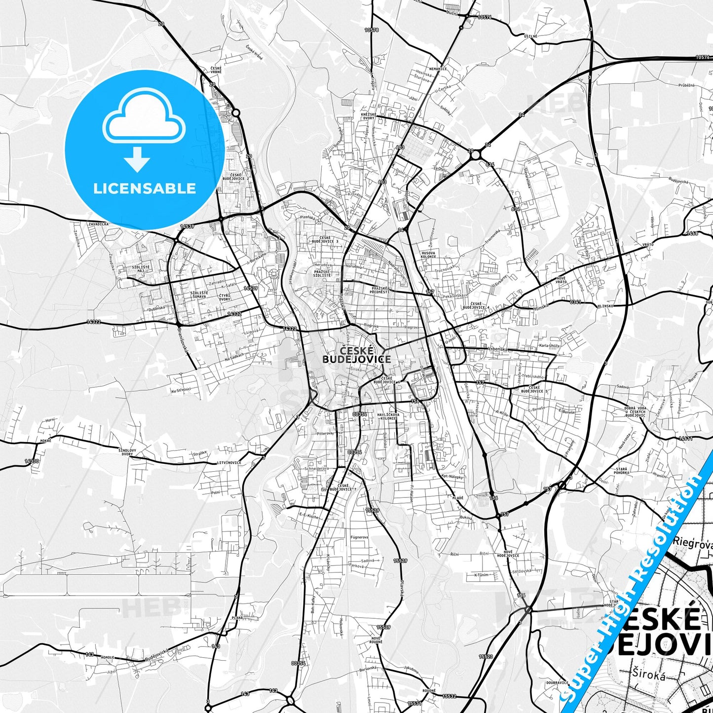 České Budějovice, Czechia Light Map with Street Names, City Names, and Districts