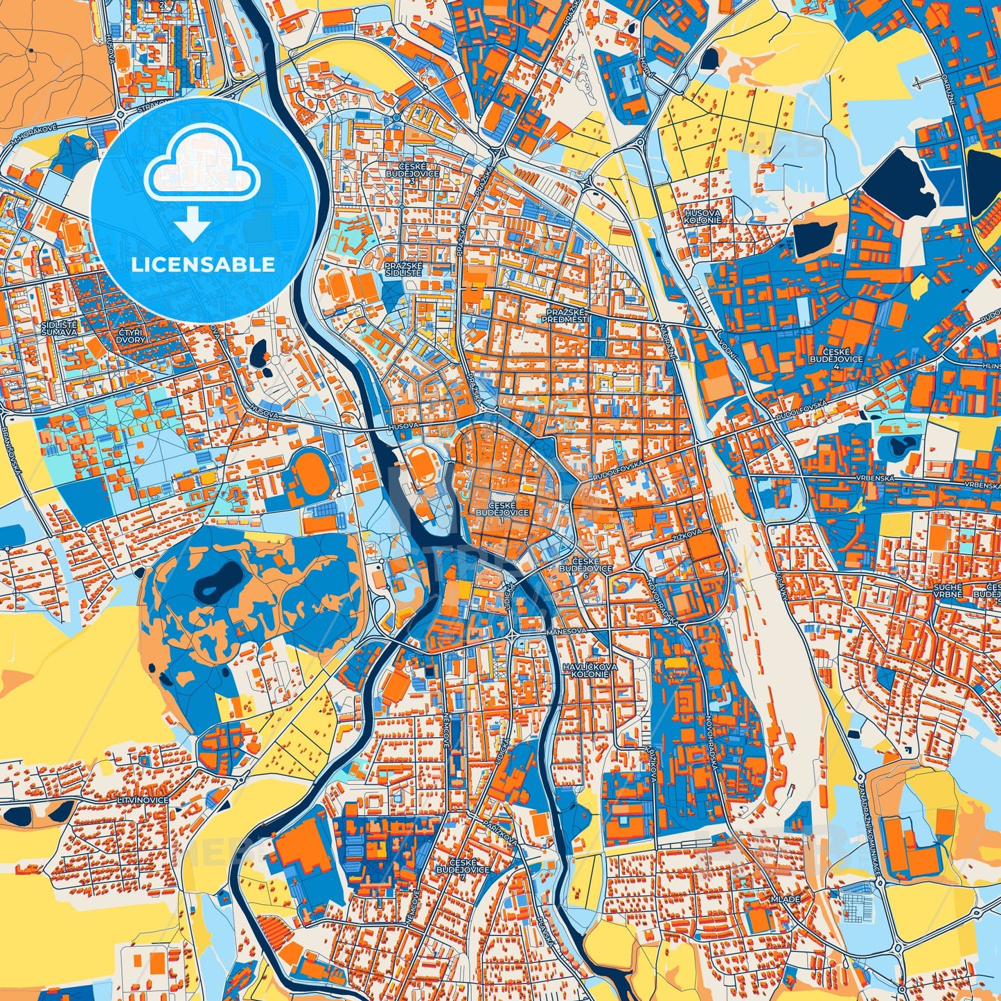 Colorful České Budějovice Street Map with Labels and Buildings