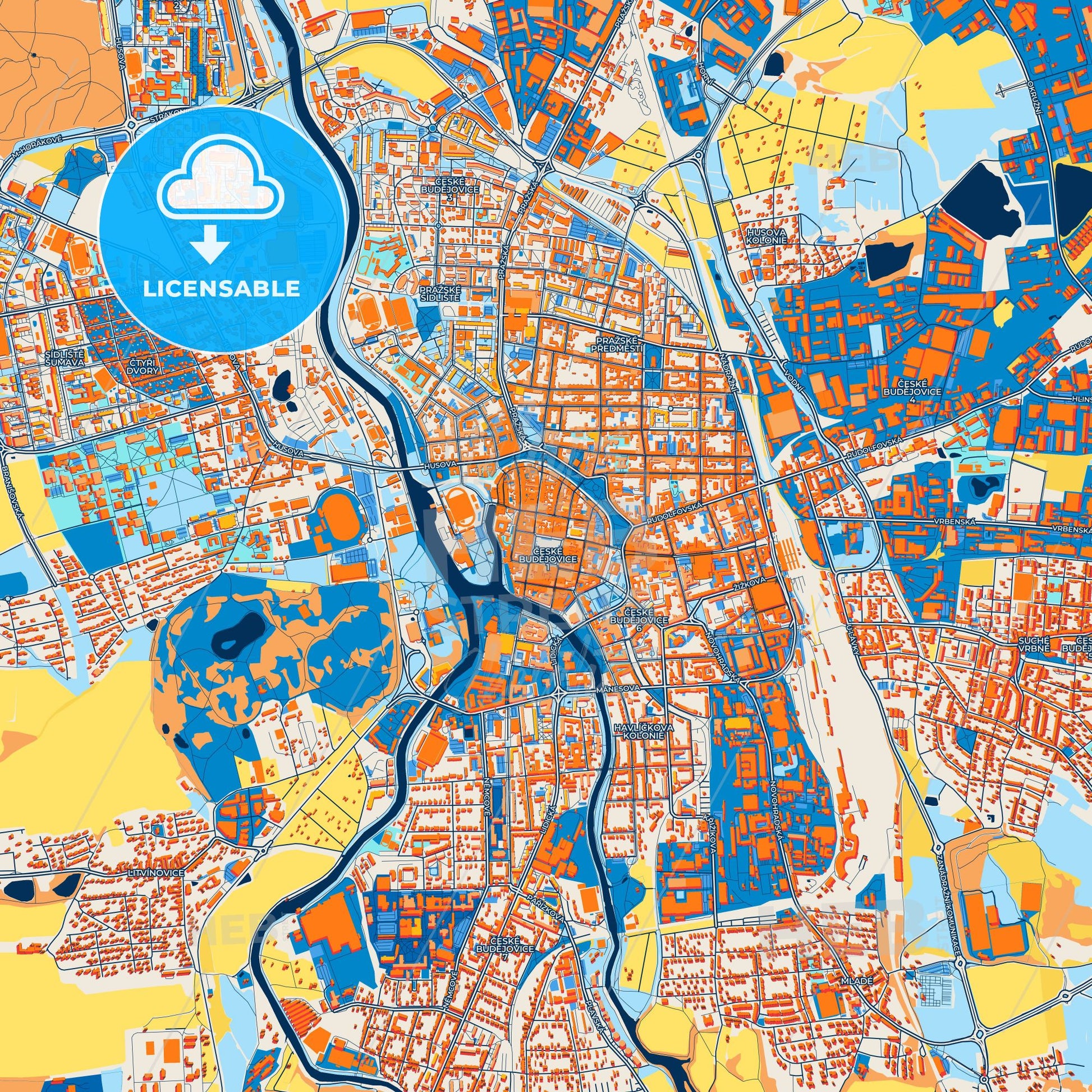 Colorful České Budějovice Street Map with Labels and Buildings