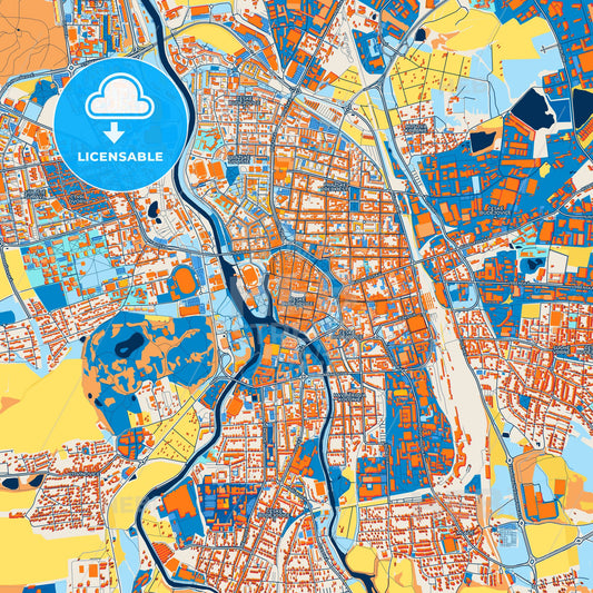 Colorful České Budějovice Street Map with Labels and Buildings