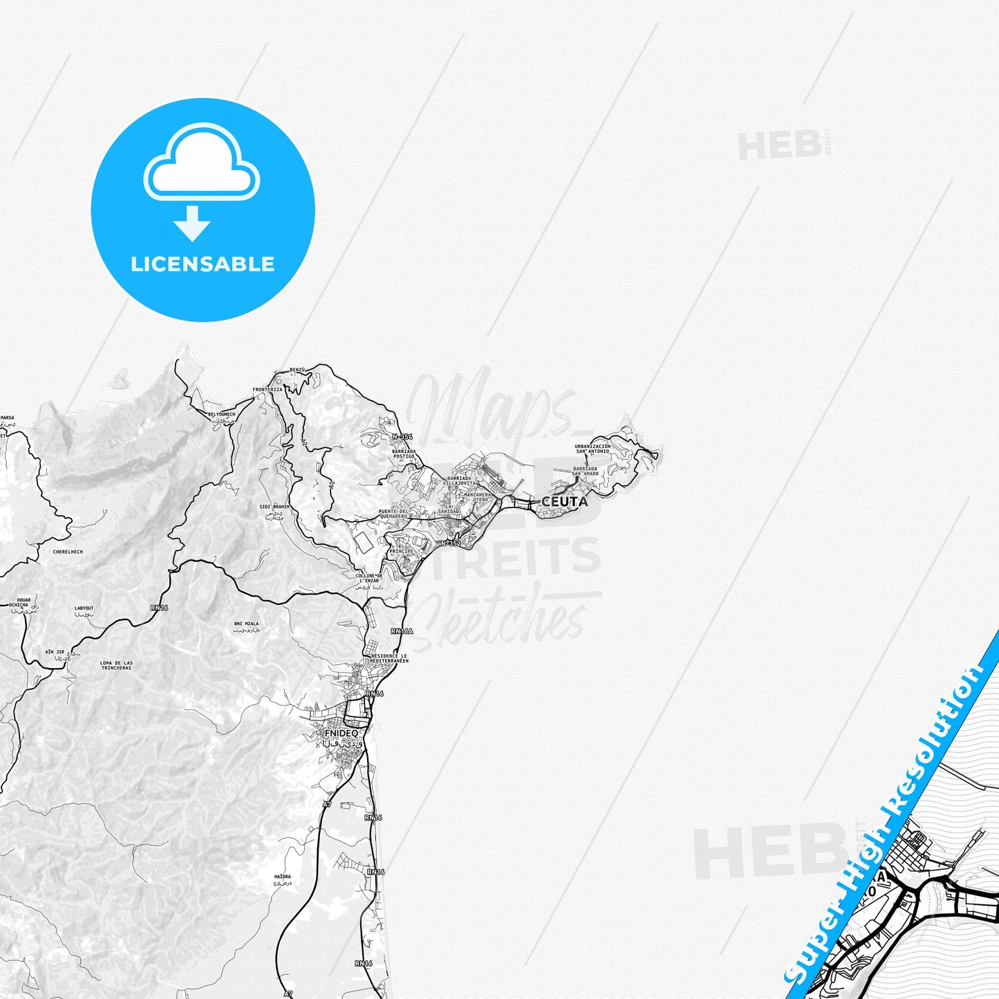 Ceuta, Spain light map with streetnames, citynames and districts