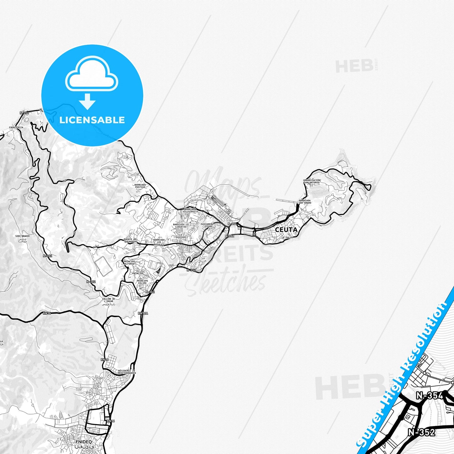 Ceuta, Spain Light Map with Street Names, City Names, and Districts