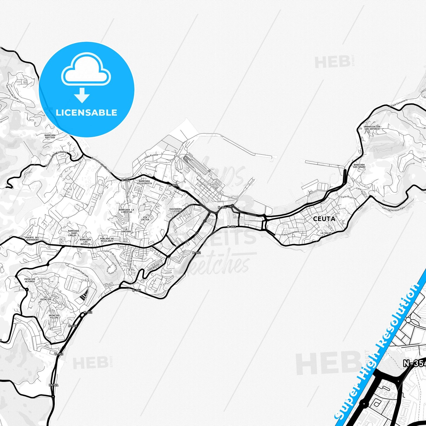 Ceuta, Spain Light Map with Street Names, City Names, and Districts