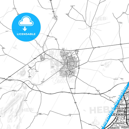 Ceyhan, Turkey light map with streetnames, citynames and districts