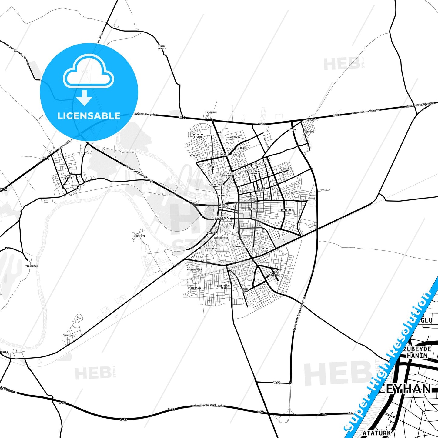 Ceyhan, Turkey Light Map with Street Names, City Names, and Districts