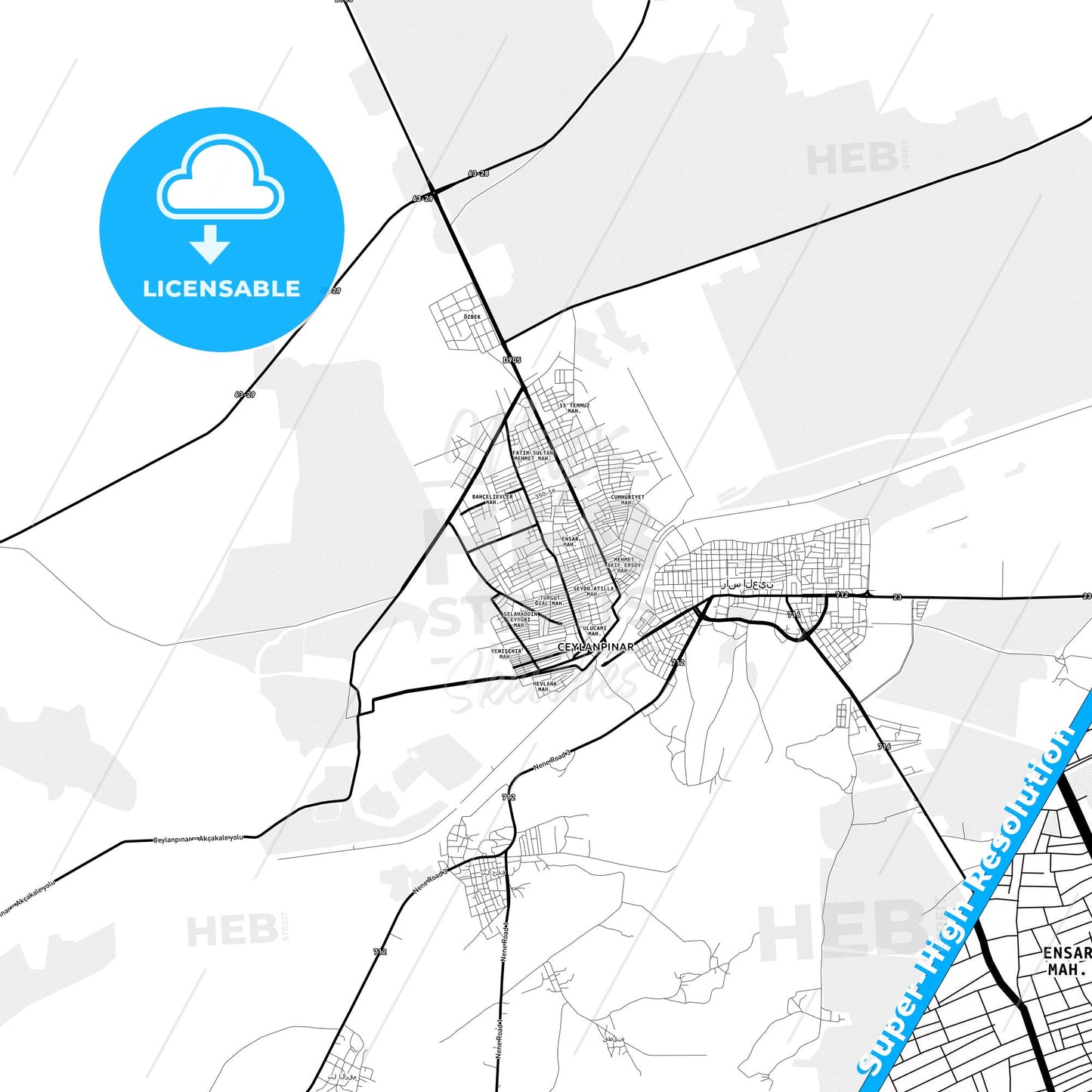 Ceylanpınar, Turkey Light Map with Street Names, City Names, and Districts