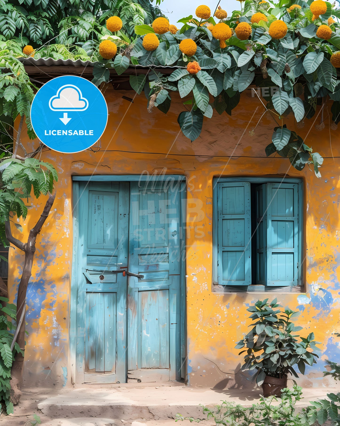 Vibrant African Art: Blue Doors and Windows on Chad Building