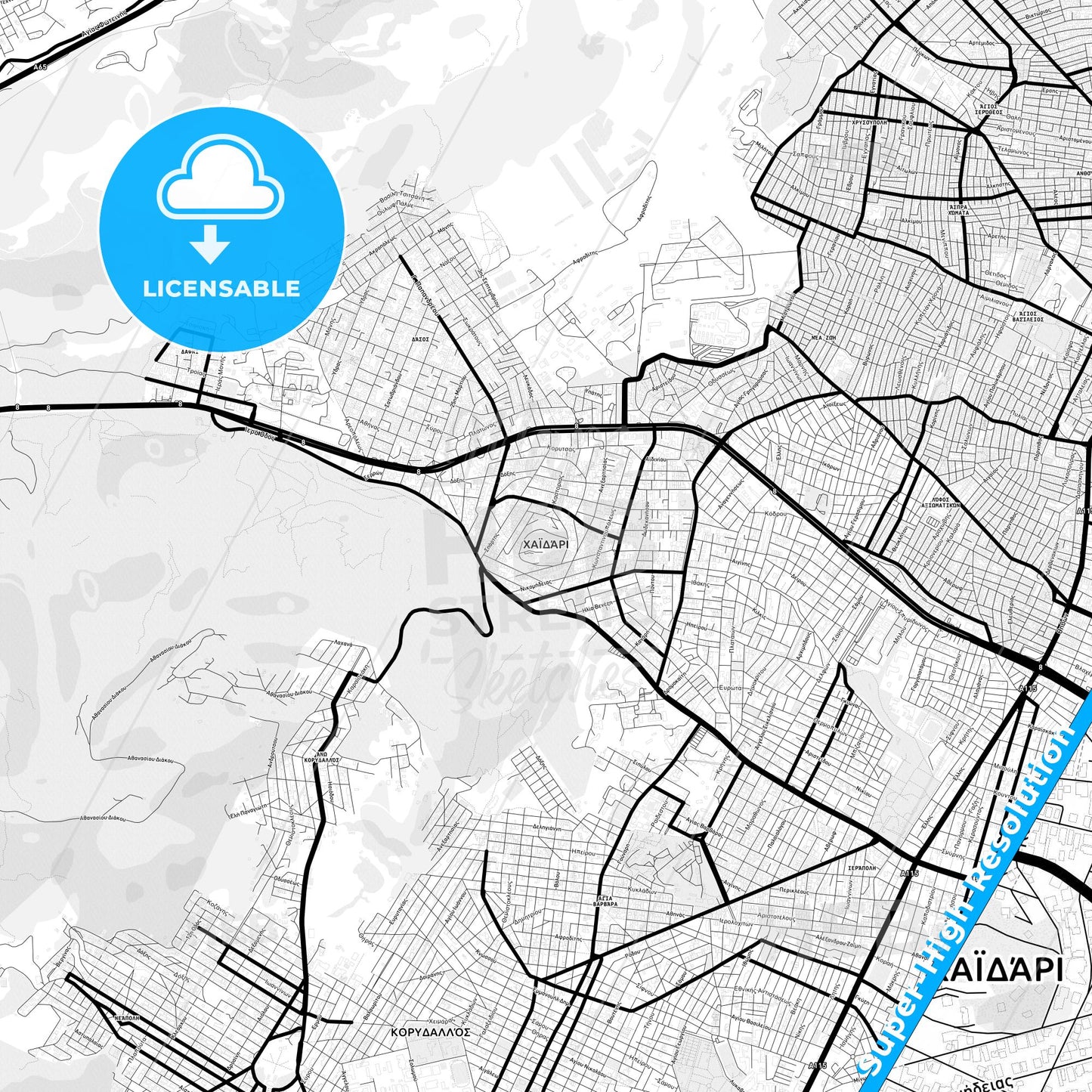 Chaidari, Greece Light Map with Street Names, City Names, and Districts