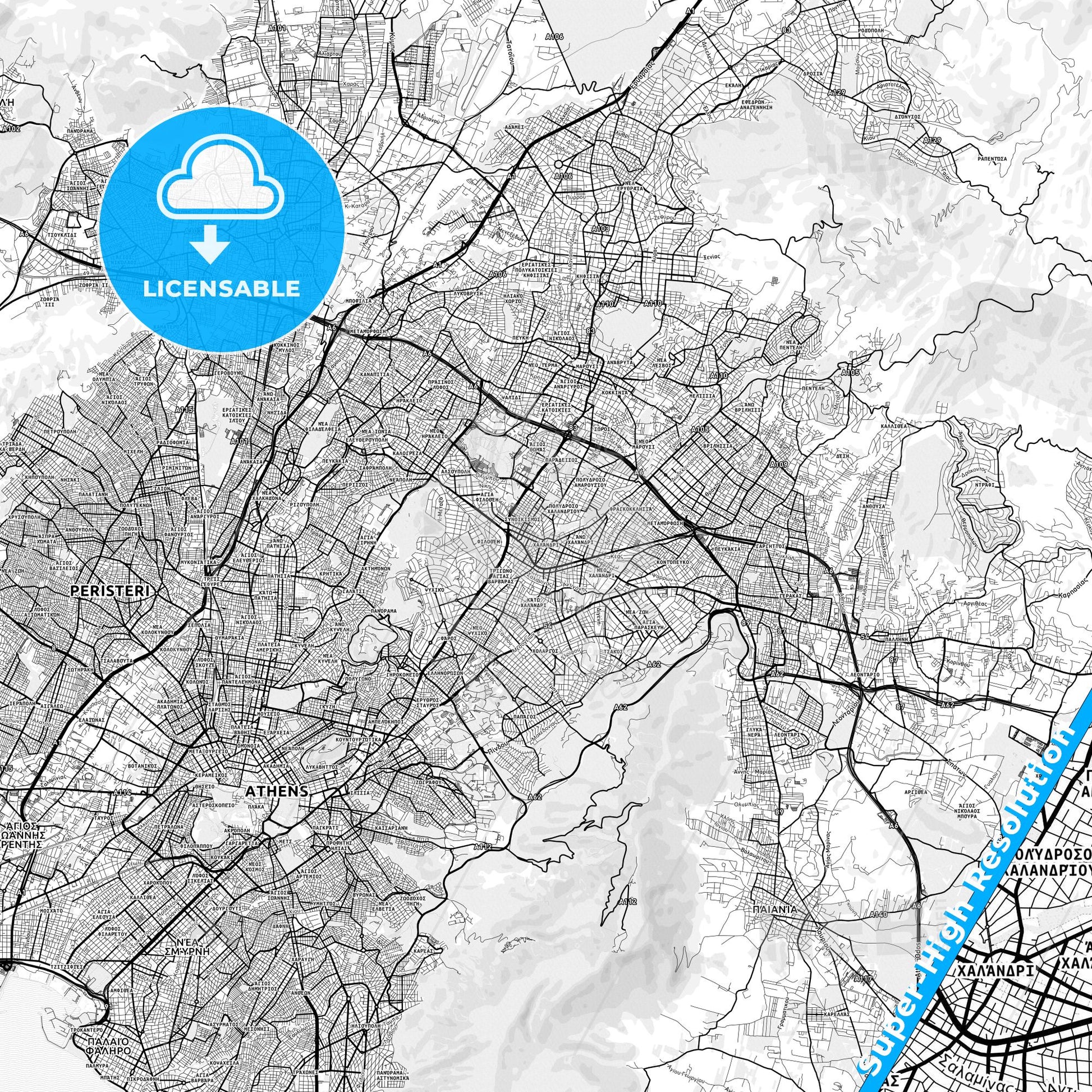 Chalandri, Greece light map with streetnames, citynames and districts