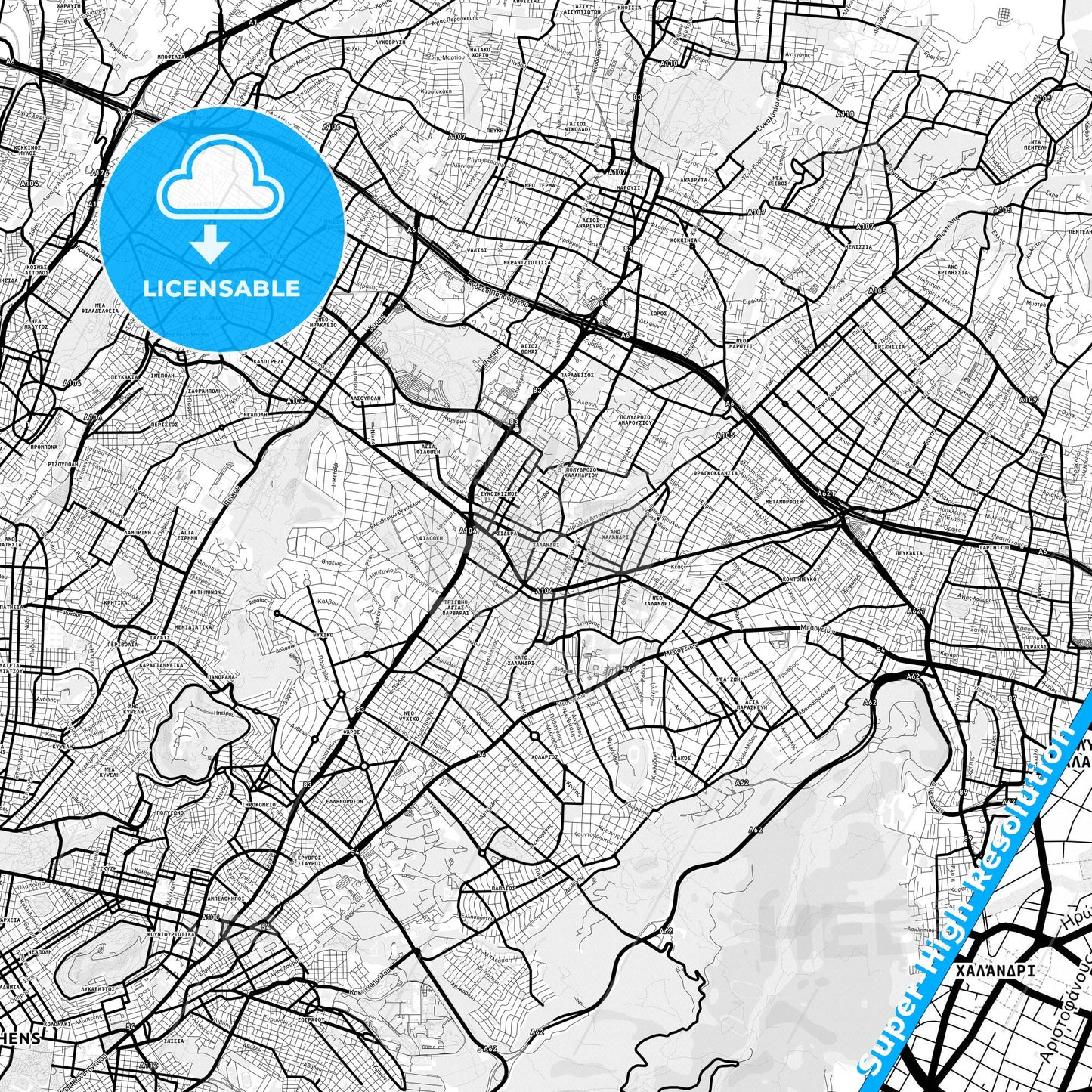Chalandri, Greece Light Map with Street Names, City Names, and Districts